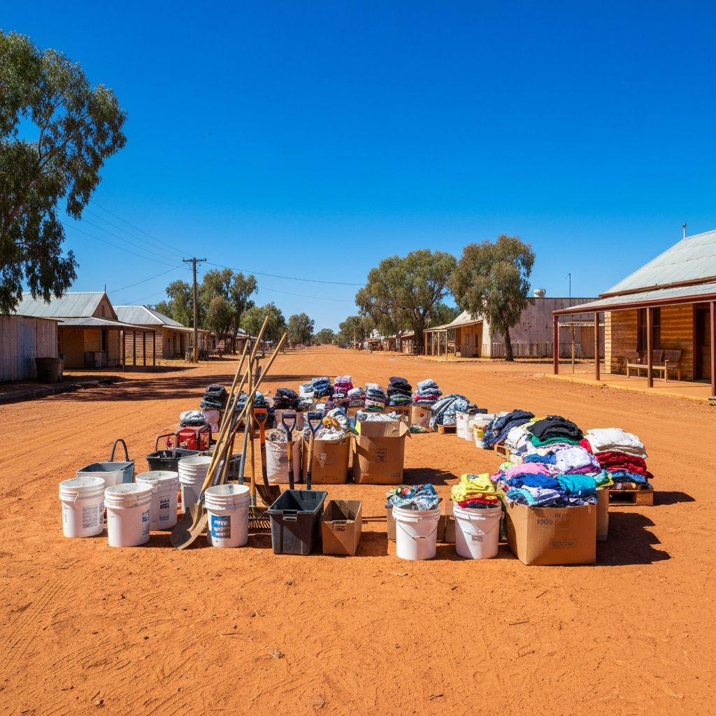 Volunteer clean-up equipment and tools organised in an Australian outback town setting