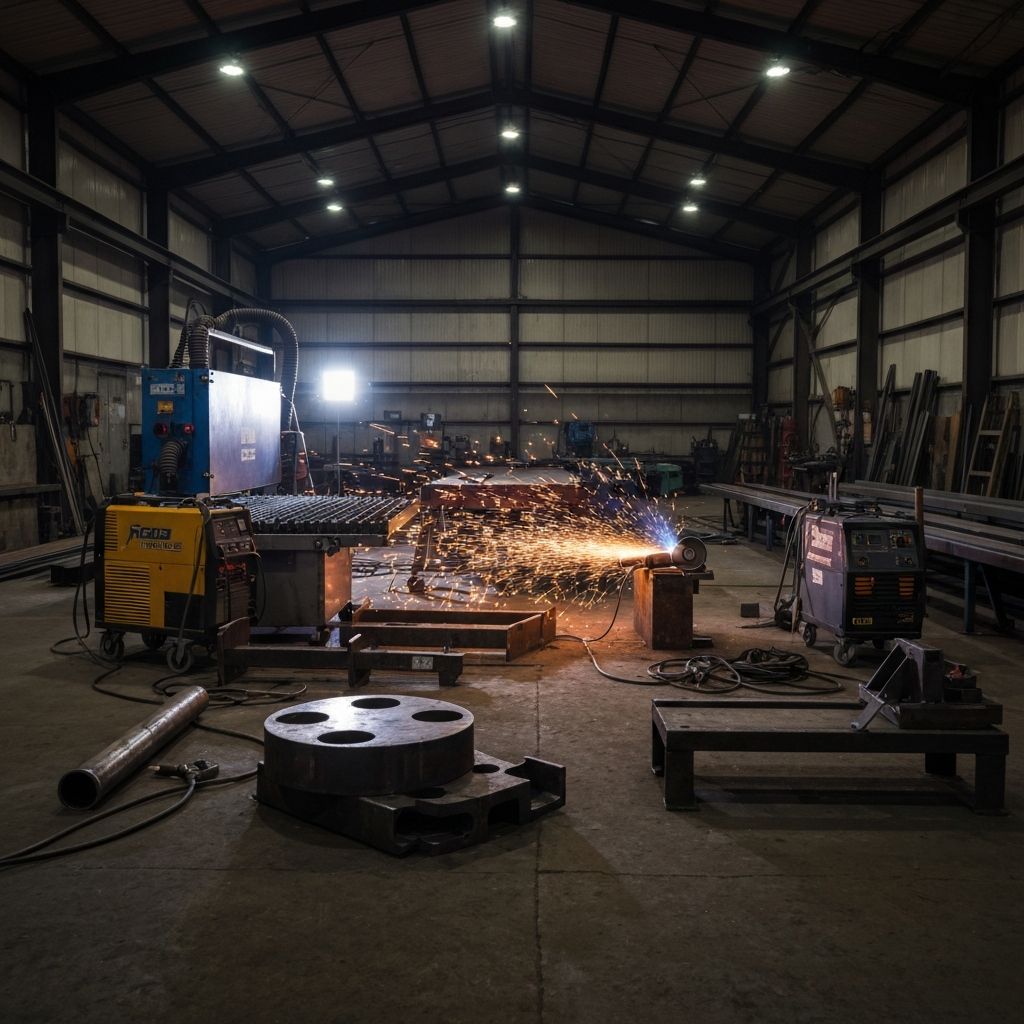 Metalworking equipment and steel fabrication in a workshop setting