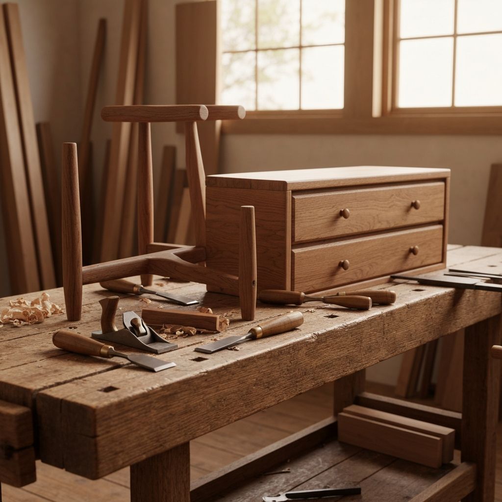 Handcrafted timber pieces and woodworking tools on a workshop bench